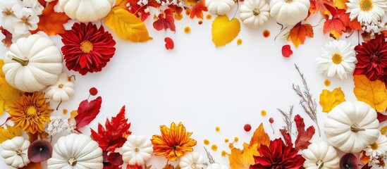 Poster - Autumn theme idea Flat lay arrangement featuring colorful flowers red and yellow leaves and white pumpkins on a white background Vibrant Fall Thanksgiving Day concept Flat lay top view copyspace