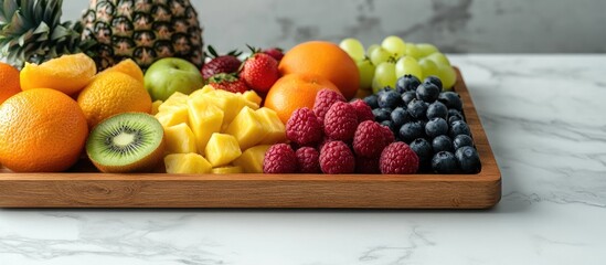 Poster - A wooden tray holds an assortment of healthy fruits including strawberries raspberries oranges plums apples kiwis grapes blueberries mango persimmon and pineapple on a white table with copy space f