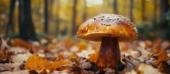 Poster - Beautiful porcini mushroom thriving in the forest on an autumn day. with copy space image. Place for adding text or design