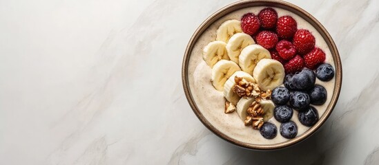 Aufkleber - Dairy free banana ice cream or a vegan smoothie bowl topped with berries and peanut butter on a white marble table. with copy space image. Place for adding text or design