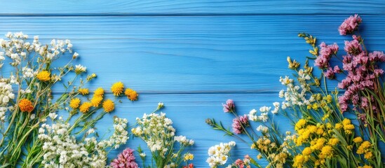 Poster - herbal flowers on a blue wooden tabletop background. with copy space image. Place for adding text or design