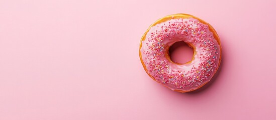 Poster - Donut on a pink background Delicious visually appealing sugar glazed dessert topped with strawberry sprinkles Feminine candy like pastry sweet fast food bakery cafe minimal concept Flat lay copy sp