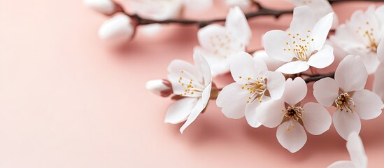 Leinwandbilder - White cherry blossom on a pastel pink background featuring a spring nature and holiday layout. with copy space image. Place for adding text or design