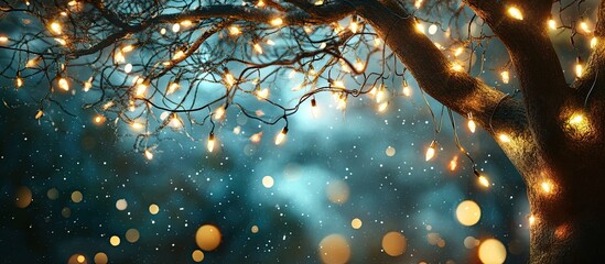 Poster - Decorative lights hang from the large tree creating a beautiful and fresh ambiance at night The theme conveys Christmas or a celebration Copyspace background