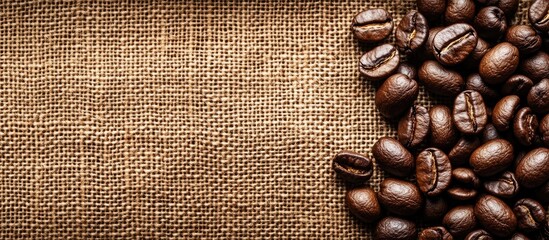 Poster - Roasted coffee beans resting on burlap Panorama area for text Copyspace