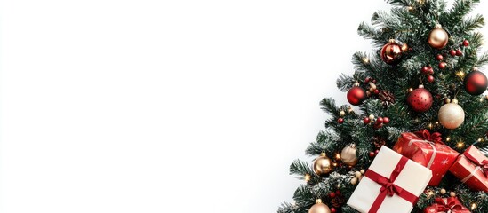 Aufkleber - A Christmas tree adorned with garlands on a white background featuring space for copy A festive photo of a fir tree decorated with ornaments garlands and wrapped gifts