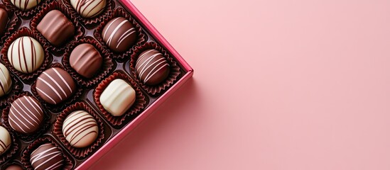 Aufkleber - Box filled with sweet chocolate candies against a colored background assorted candy treats Valentine s Day gift box Top view flat lay with copy space