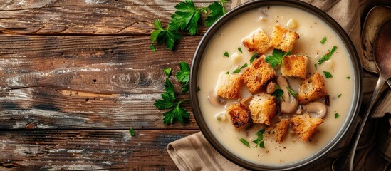 Aufkleber - Mushroom cream soup featuring croutons and fresh parsley on an aged wooden table with copyspace