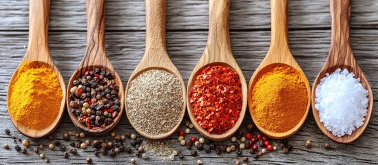 Leinwandbilder - Spices in a wooden spoon Herbs including curry saffron turmeric rosemary cinnamon garlic pepper and anise on a rustic wooden background A collection of spices and herbs features salt and paprika Co