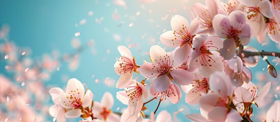 Wall Mural - almond blossoms in full bloom set against a blue sky background. with copy space image. Place for adding text or design