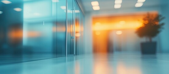 Fototapete - Abstract blur of a modern office interior at the entrance featuring a blue background with an orange light effect concept. with copy space image. Place for adding text or design