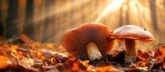 Poster - Large mushrooms in a forest discovered during a mushrooming tour in autumn with brown leaves illuminated by backlight on the ground during mushroom season are tasty but may also be poisonous and haz