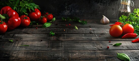 Fototapete - Fresh vegetables on a dark wood surface Market produce Healthy organic food including herbs and spices Organic vegetables on wood. with copy space image. Place for adding text or design