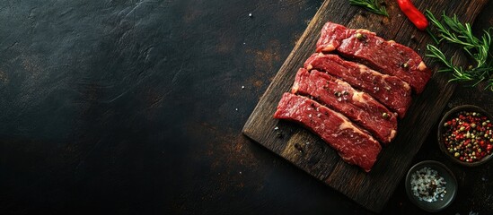 Poster - Freshly sliced beef steak backdrop. with copy space image. Place for adding text or design