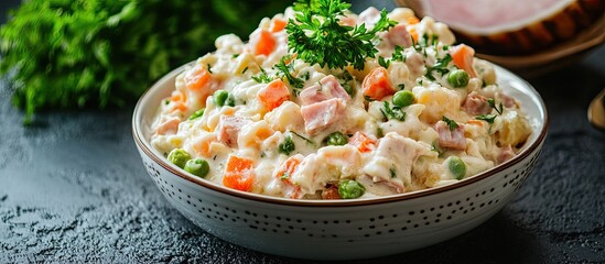 Poster - Traditional Russian Olivier salad featuring vegetables ham and mayonnaise selective focus image. with copy space image. Place for adding text or design