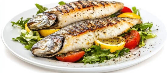 Aufkleber - Grilled Sea Bream Dorado fillets presented on fresh salad Isolated against a white background. with copy space image. Place for adding text or design
