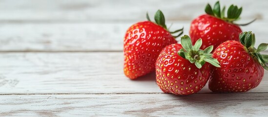 Fototapete - Four ripe juicy strawberries on a white wooden background Macro. with copy space image. Place for adding text or design