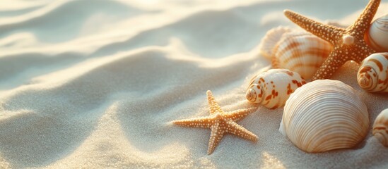 Poster - Close up of sea shells and a star on a sandy background with copy space A natural summer backdrop featuring fine white sand Selective focus