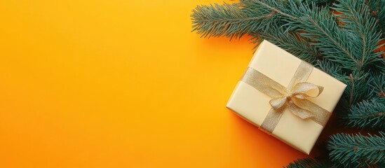 Poster - Fir tree branches and a gift box against a yellow and orange background Top view flat lay. with copy space image. Place for adding text or design