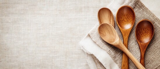 Poster - Background wooden spoons placed on the tablecloth Copy space top view