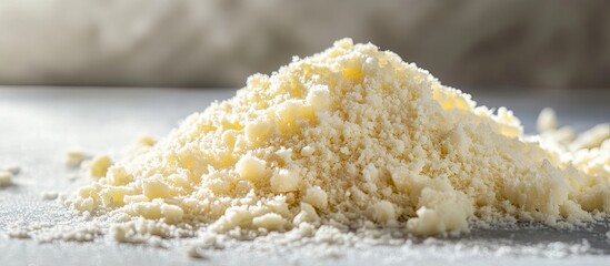 Poster - Closeup of a pile of grated parmesan cheese on a light table Area for text. with copy space image. Place for adding text or design