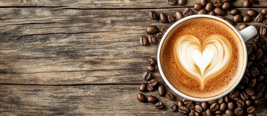 Aufkleber - Cup of latte coffee featuring a heart shape accompanied by coffee beans on a weathered wooden surface. with copy space image. Place for adding text or design