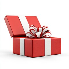 A photostock of an open red gift box with glowing light emanating from inside, isolated on a clean white background, festive and mysterious, High Quality