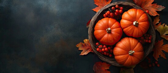 Poster - Beautiful pumpkins are in the basket alongside autumn leaves and berries set against a dark background Copy space Top view