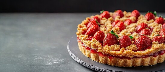 Poster - Tasty summer dessert strawberry pie with crumble delightful holiday cake topped with strawberries on a light stone or slate table. with copy space image. Place for adding text or design