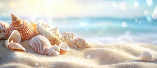 Aufkleber - Summer backdrop featuring sand and seashells. with copy space image. Place for adding text or design