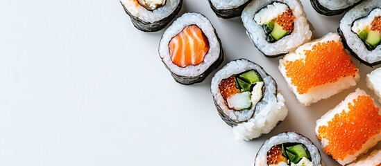 Poster - sushi rolls with fish on a white background menu for a restaurant. with copy space image. Place for adding text or design