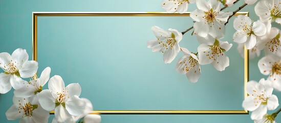 Wall Mural - Golden frame featuring white flowers against a colored background. with copy space image. Place for adding text or design