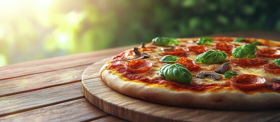 Aufkleber - Tasty delicious pizza with toppings on a wooden table. with copy space image. Place for adding text or design