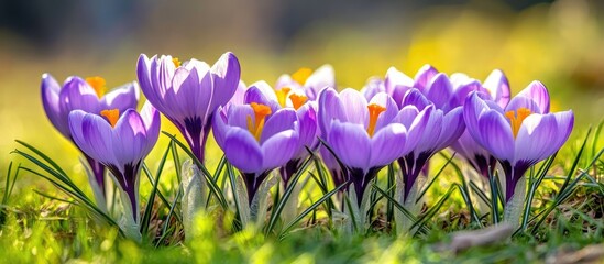 Aufkleber - Blooming crocuses in the meadow close up perspective Crocus blossoms in the grass Purple and yellow springtime flowers Lovely crocuses on a spring day. with copy space image