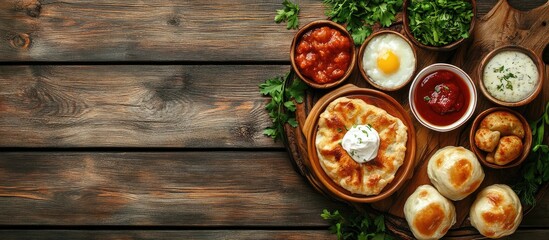 Poster - Vareniks Traditional Ukrainian Cuisine Top view Set against a wooden background Copy space