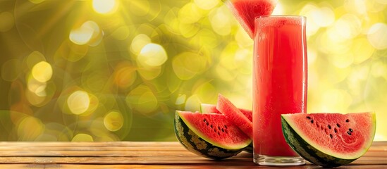 Aufkleber - Summer watermelon beverage A summer watermelon drink in a glass accompanied by slices of watermelon. with copy space image. Place for adding text or design