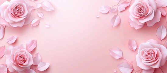 Leinwandbilder - Lovely roses on a light pink background top view Area for text. with copy space image. Place for adding text or design