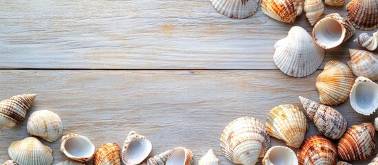 Wall Mural - Seashells on a wooden backdrop Summer theme Copyspace