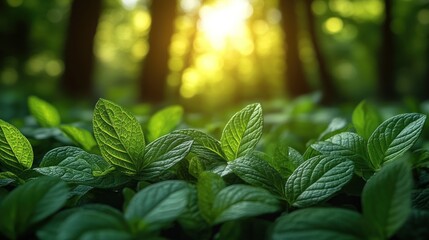 Wall Mural - Lush green foliage in sunlit forest.