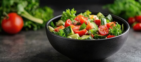 Poster - Vegetarian salad in a black bowl with mixed vegetables on a table copyspace