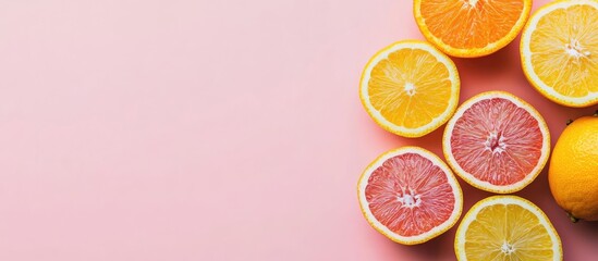 Leinwandbilder - Citrus fruit halves on a pink backdrop Fruit intended for juice. with copy space image. Place for adding text or design