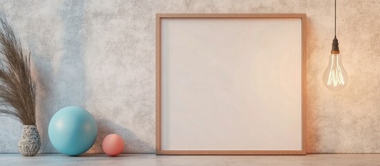 Fototapete - An empty colorful picture frame mockup features a blue ball and a light bulb hanging against a white concrete wall providing copy space for adding or filling in text The framework serves as a backg