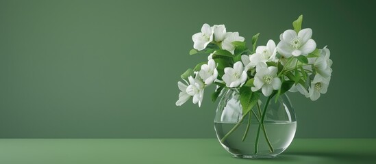 Leinwandbilder - White stunning flowers in a glass vase on a green backdrop. with copy space image. Place for adding text or design