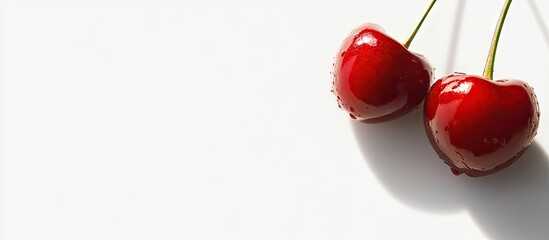 Aufkleber - Juicy bright ripe cherry on a white backdrop Selective focus white background copyspace and strong shadow