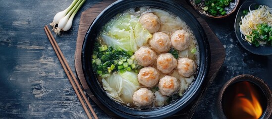 Leinwandbilder - Japanese hot pot with chicken meatballs leeks and cabbage. with copy space image. Place for adding text or design
