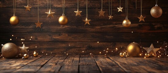 Aufkleber - Christmas decoration featuring a wooden background with copyspace Golden balls stars and earthy tones