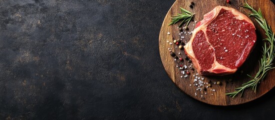 Poster - Raw beef steak Fresh marbled Ribeye steak with rosemary salt and pepper on a wooden cutting board against a dark concrete background Raw beef steak and cooking spices Mock up. with copy space image
