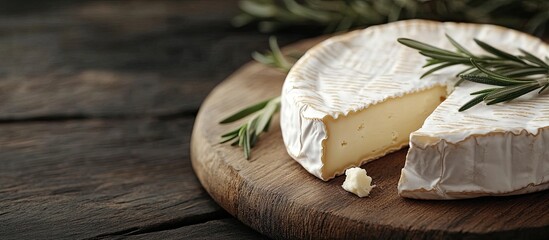 Aufkleber - Delicious cut brie cheese with rosemary on a wooden board close up. with copy space image. Place for adding text or design