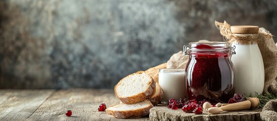 Fototapete - jam milk and bread. with copy space image. Place for adding text or design