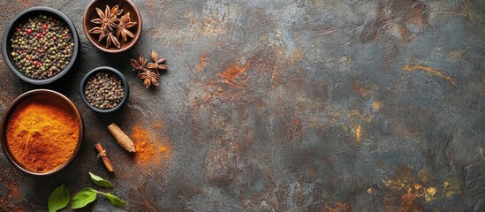 Leinwandbilder - A collection of spices and herbs on a stone surface Traditional Indian spices Top view Free copy space